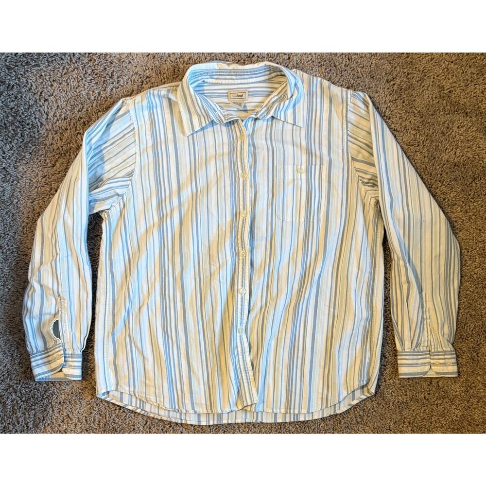 L.L. Bean Blouse Shirt Women's Blue White Striped Long Sleeve Casual - Large